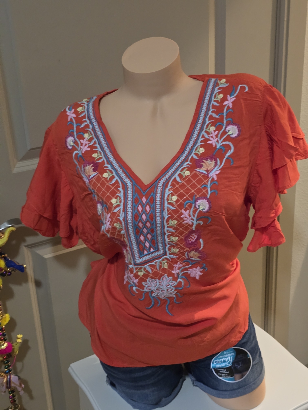 Solitaire Red Embroidered V-Neck Ruffle Sleeve Blouse - Picture 3 of 11